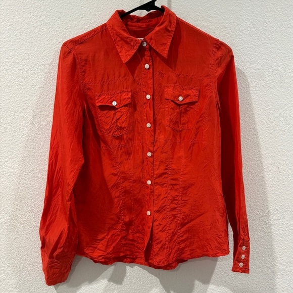 Tommy Hilfiger 100% Silk Burnt Orange Button Front Collared Blouse Shirt Size 4P - Picture 1 of 17